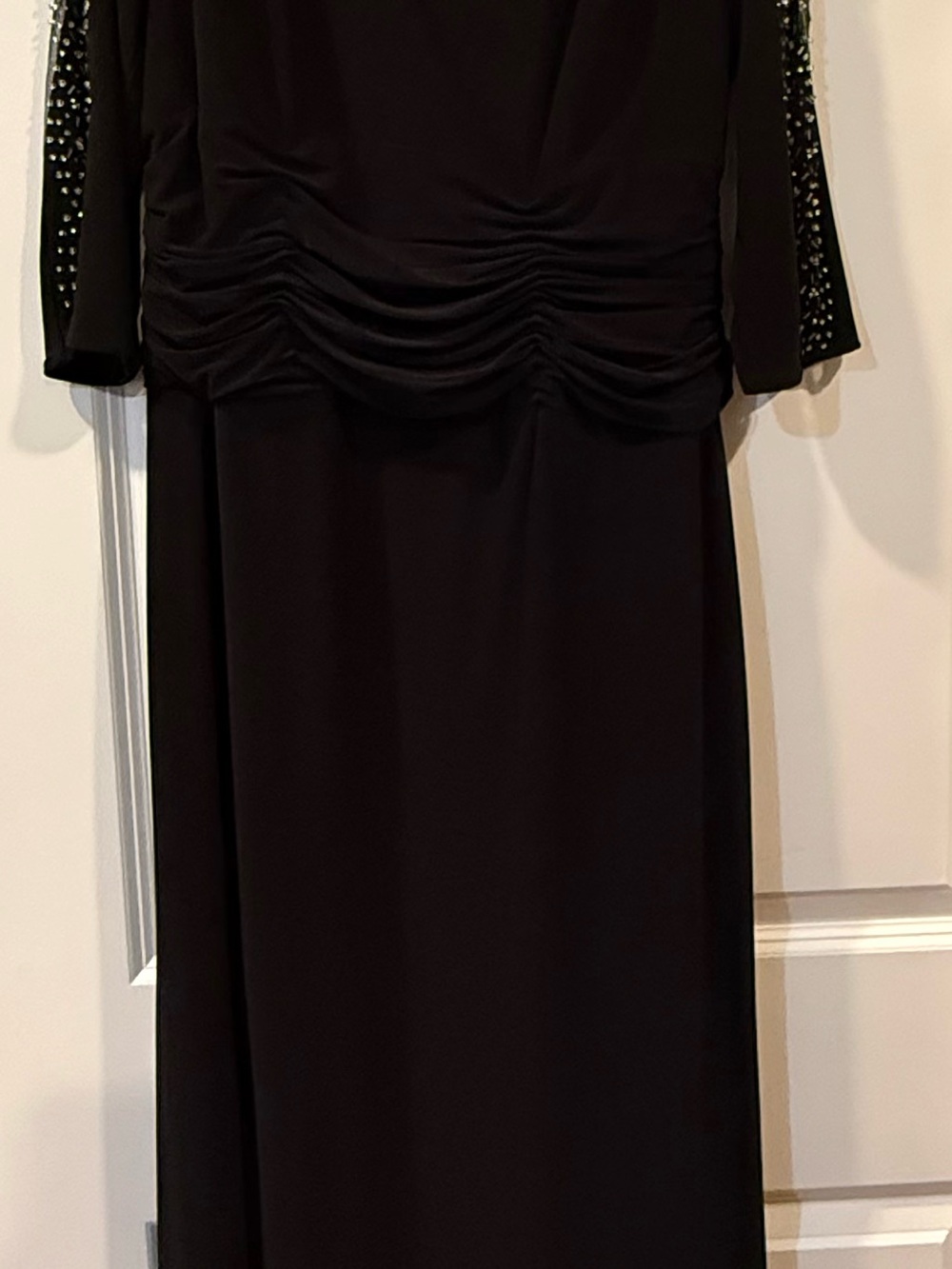 SLNY Black Long Sleeve Ruched Evening Gown with Embellished Sleeves